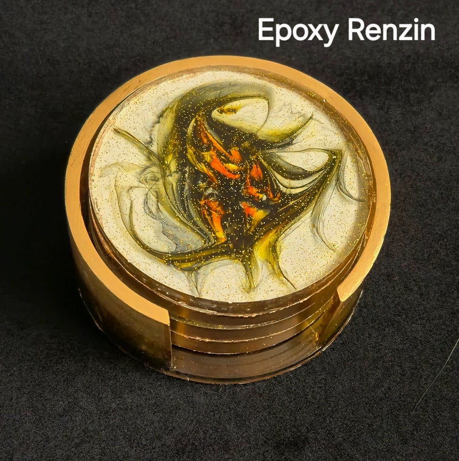 Handmade Resin Coaster Set with Holder - Abstract Floral Design - Home Décor 