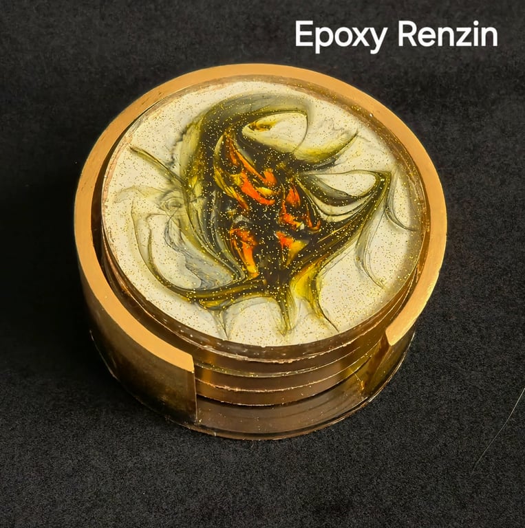 Handmade Resin Coaster Set with Holder - Abstract Floral Design - Home Décor 