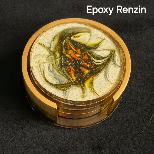 Handmade Resin Coaster Set with Holder - Abstract Floral Design - Home Décor 