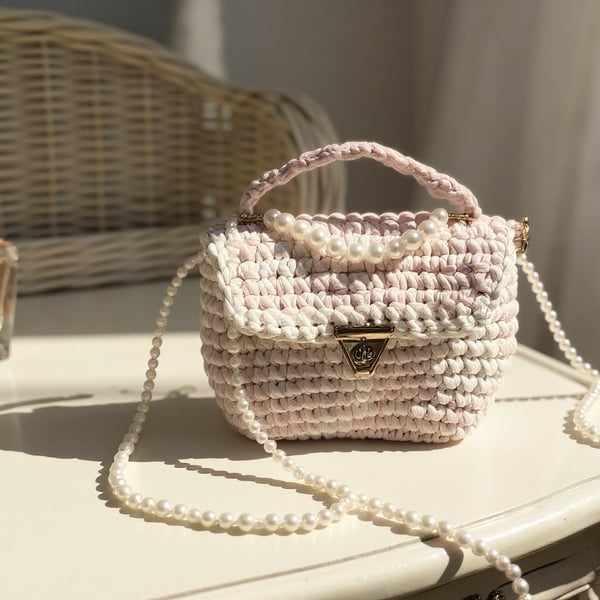 Pink-White Crochet Handbag with Pearl Detail SALE