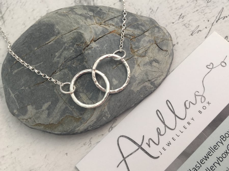 Two Circle Silver Necklace, Two Rings Necklace, Interlocking Circle Necklace