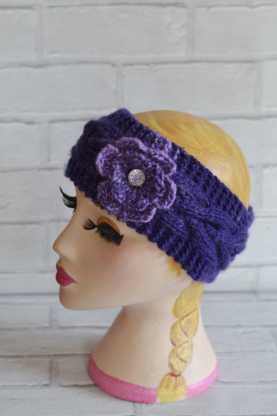 Womens Purple and Lilac Chunky Knit Cable Headband, Wide Headband, Earwarmer