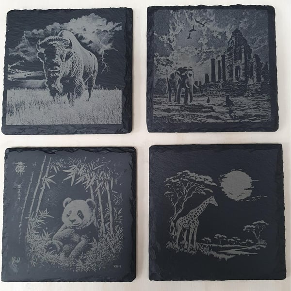 4-Piece Engraved Wildlife Slate Coaster Set
