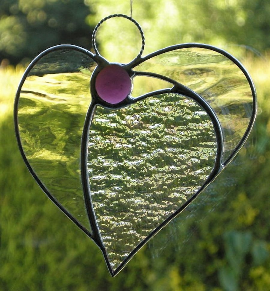 Stained glass suncatcher (Angel Heart) in waterglass & iridescent textured glass