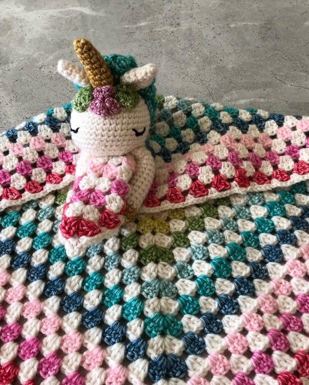 Crocheted Hope the Unicorn Baby Comforter - Handmade Baby Snuggle Lovey.  