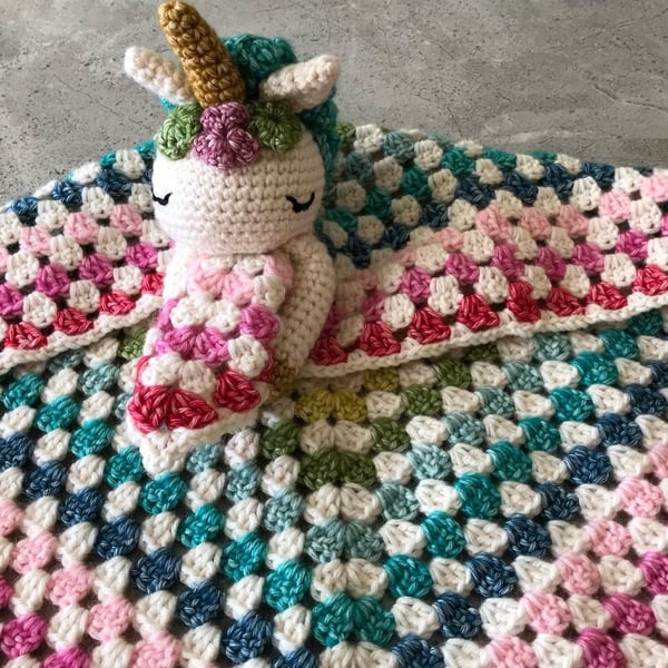 Crocheted Hope the Unicorn Baby Comforter - Handmade Baby Snuggle Lovey.  