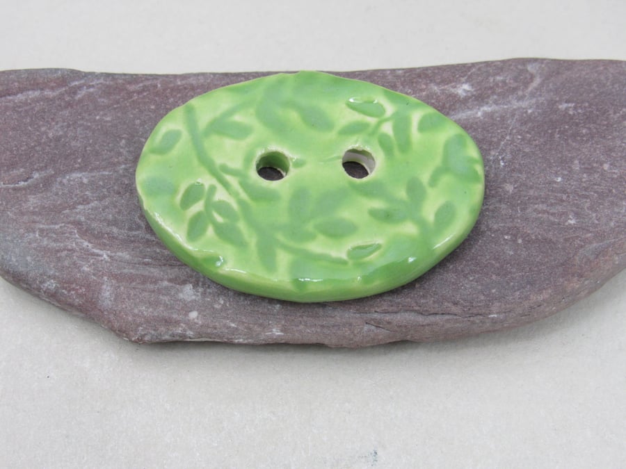 Large Apple Green Sprig Oval Handmade Ceramic Button