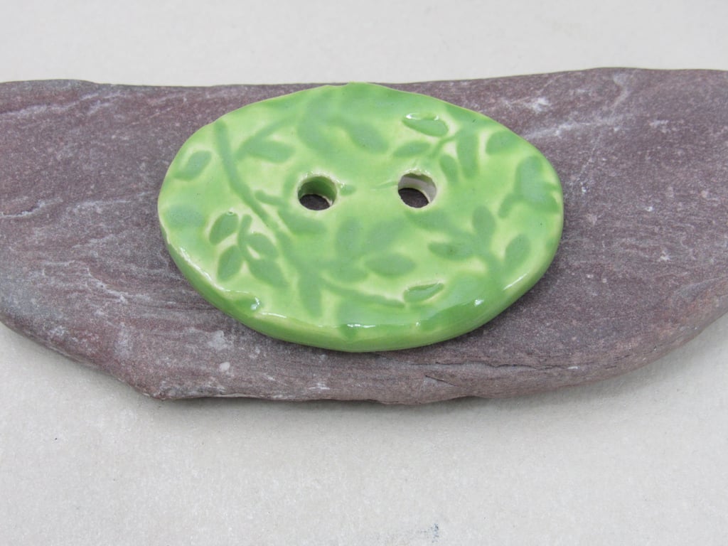 Large Apple Green Sprig Oval Handmade Ceramic Button