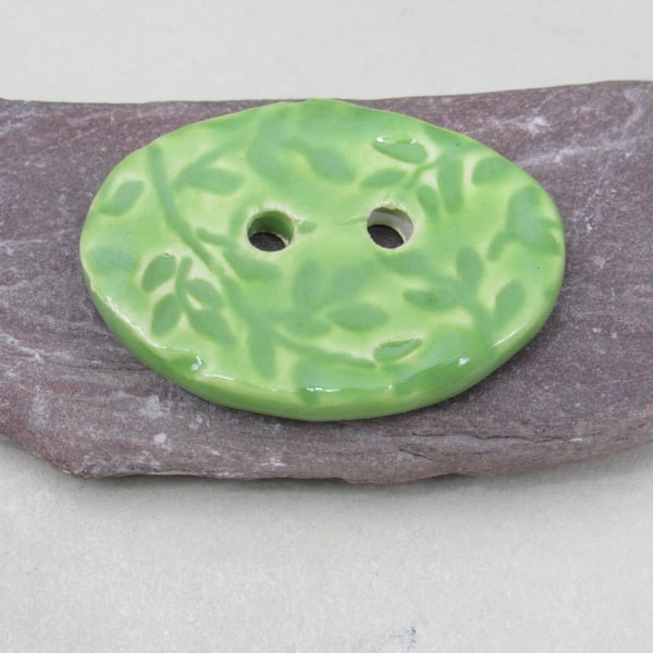 Large Apple Green Sprig Oval Handmade Ceramic Button