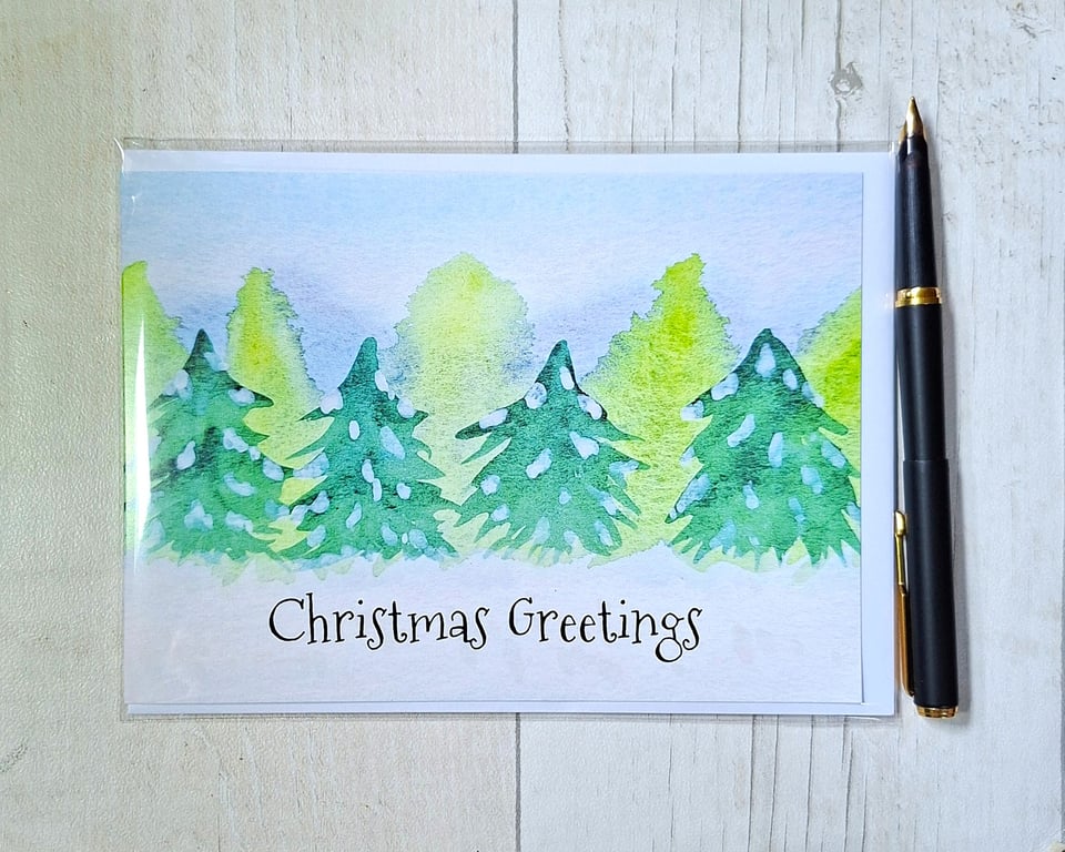 Christmas card. Printed card. Greetings card. Christmas trees card.