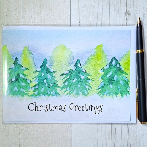 Christmas card. Printed card. Greetings card. Christmas trees card.