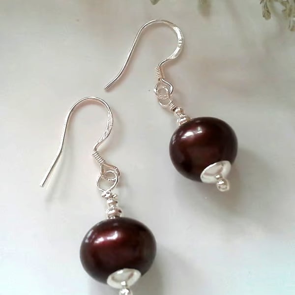 Large 12mm Bronze Freshwater Pearl Sterling Silver Earrings