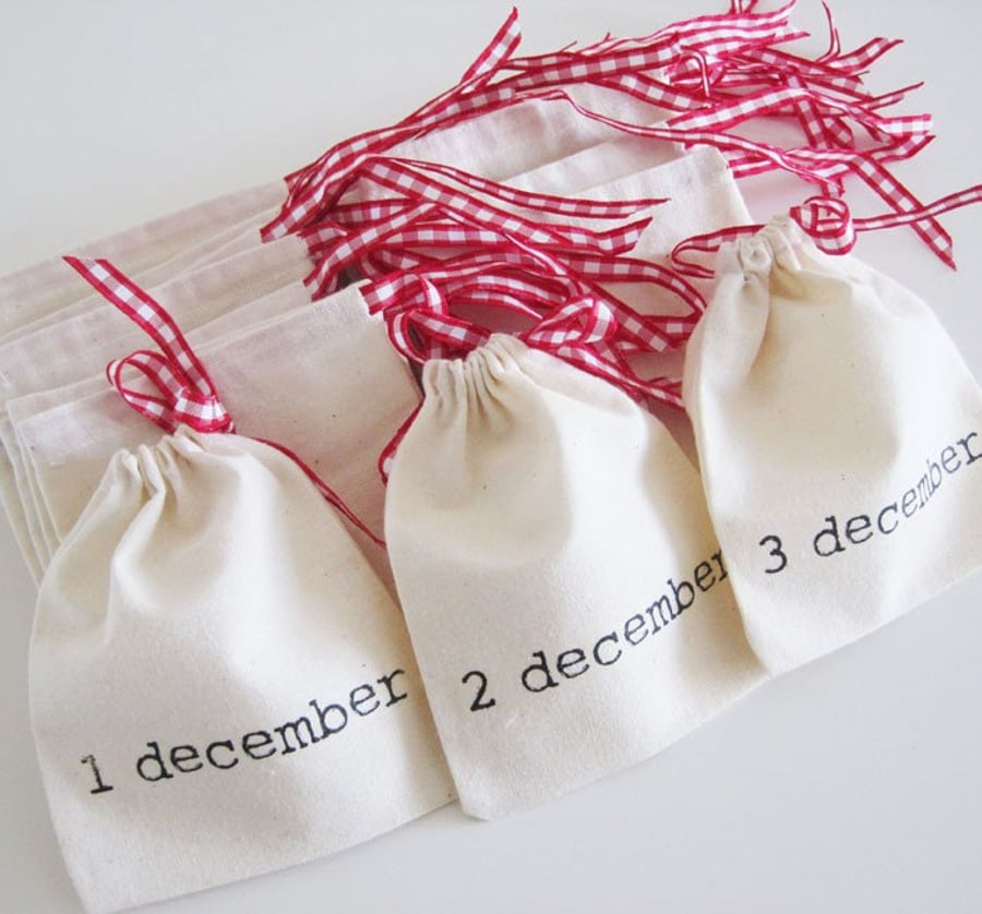 Advent Calendar Christmas countdown cotton pouches with red white gingham ribbon
