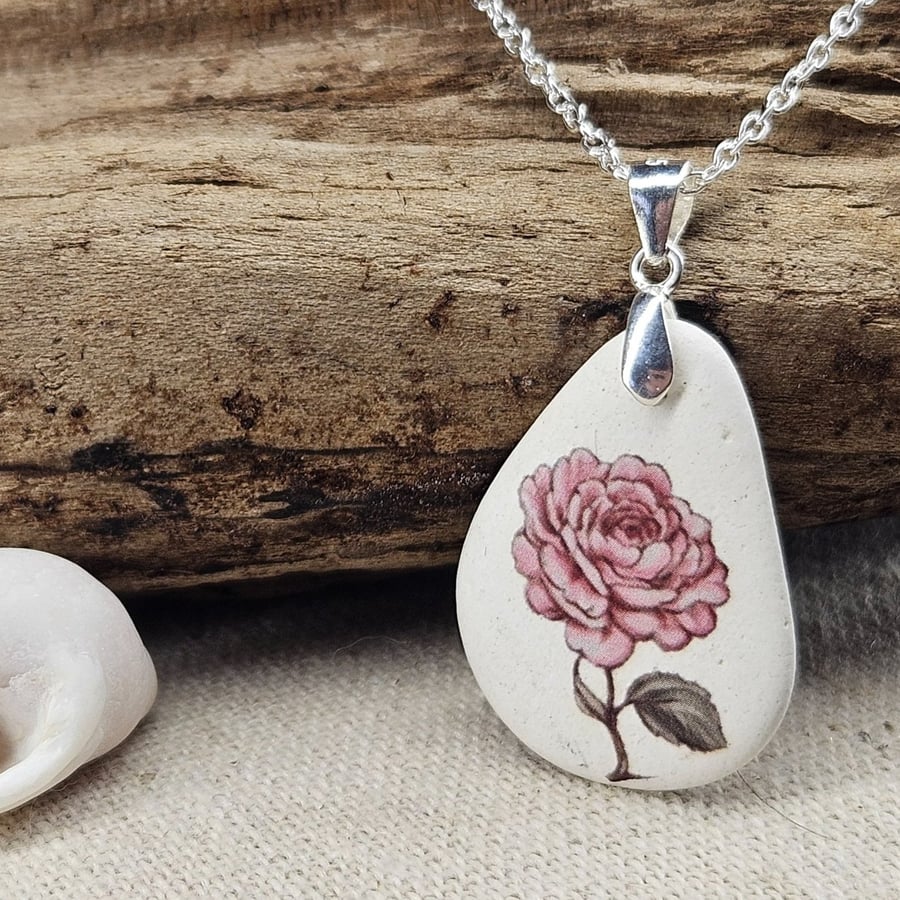 Sterling Silver Rose Sea Pottery Necklace - Coastal Floral Jewellery
