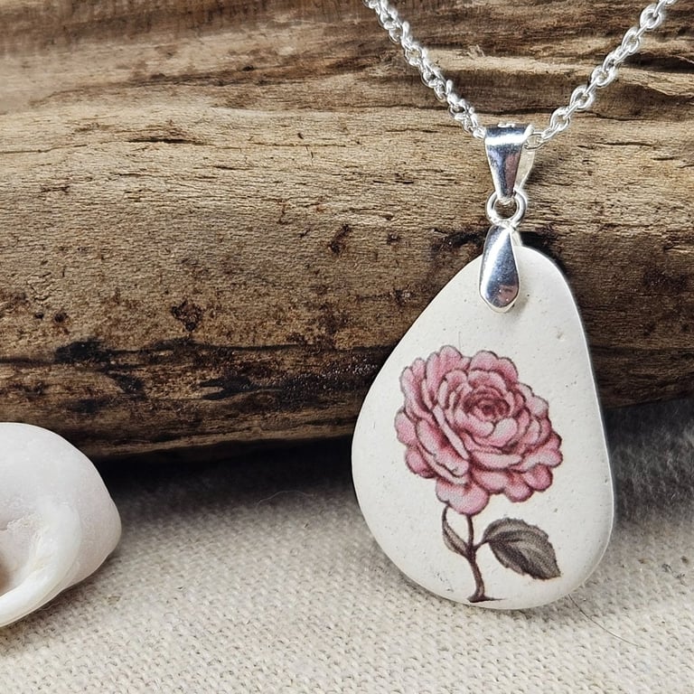 Sterling Silver Rose Sea Pottery Necklace - Coastal Floral Jewellery