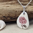 Sterling Silver Rose Sea Pottery Necklace - Coastal Floral Jewellery