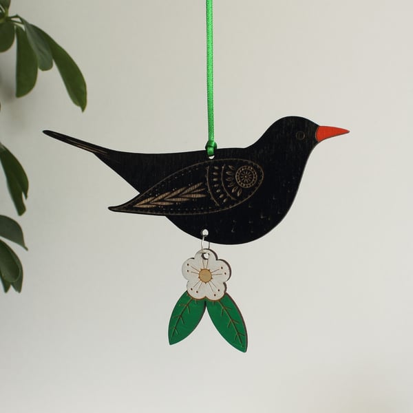 Wooden Blackbird Hanging Decoration with Flower
