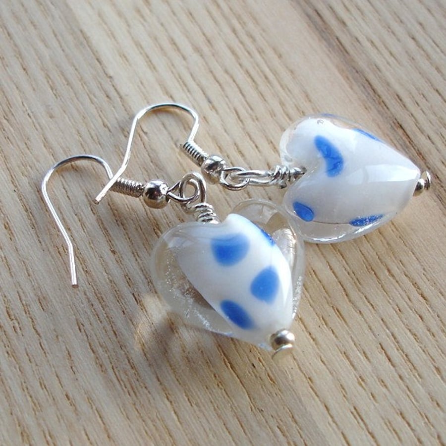 Blue Spotted Heart Bead Earrings