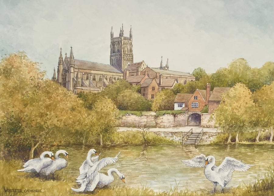Worcester Cathedral. Framed Original Watercolour by Christopher Hughes