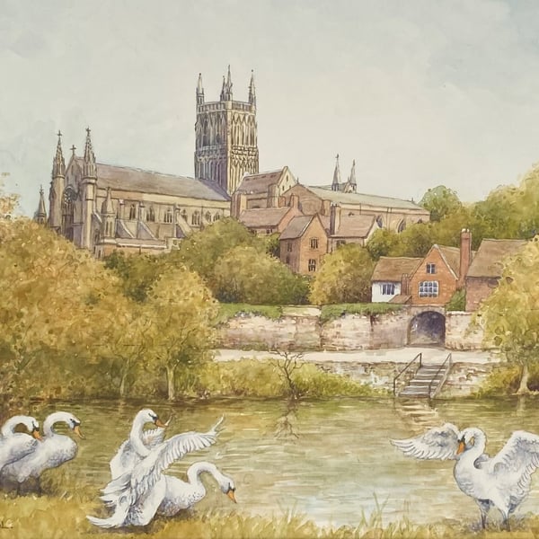 Worcester Cathedral. Framed Original Watercolour by Christopher Hughes