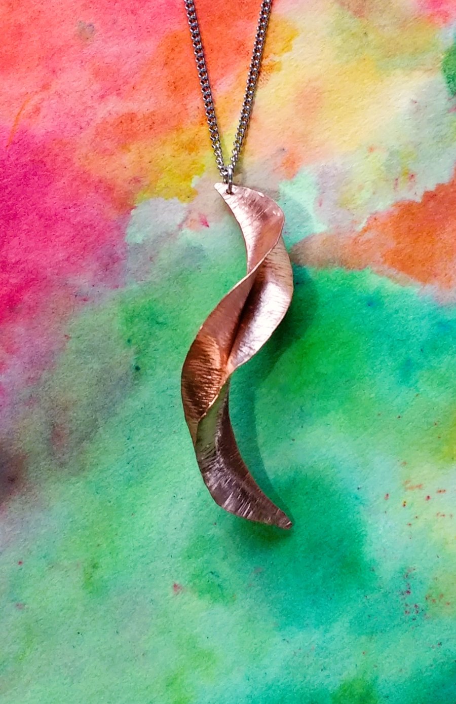 Copper Twisted Leaf Pendant on a Curb Chain