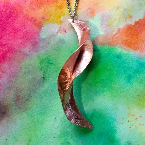 Copper Twisted Leaf Pendant on a Curb Chain