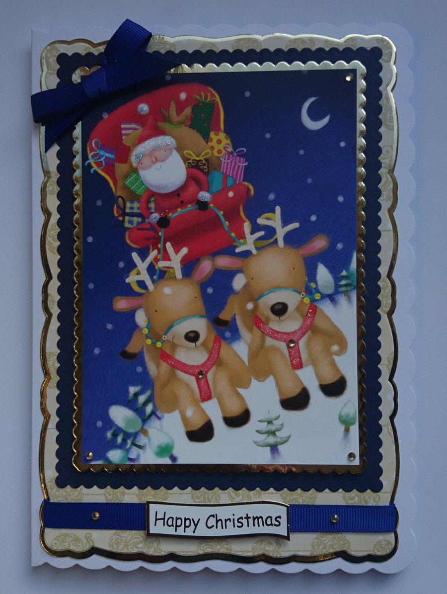 Handmade Christmas Card Cute Santa in Flying Sleigh with Reindeer