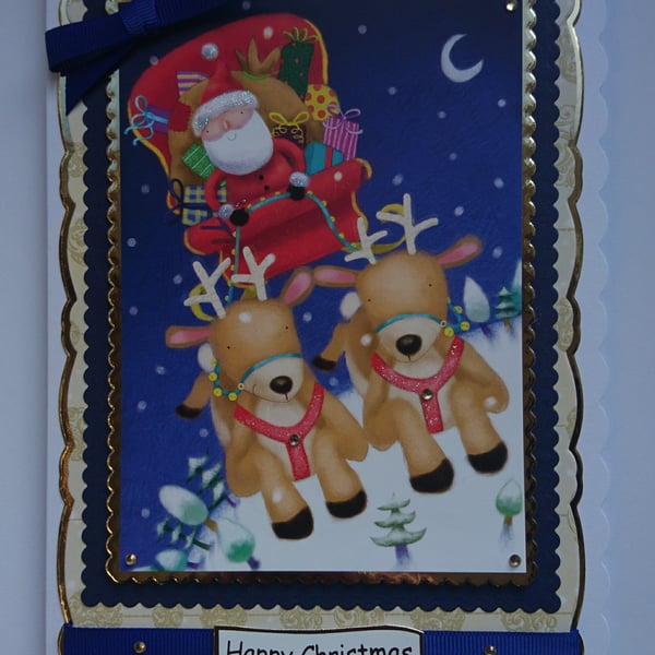 Handmade Christmas Card Cute Santa in Flying Sleigh with Reindeer