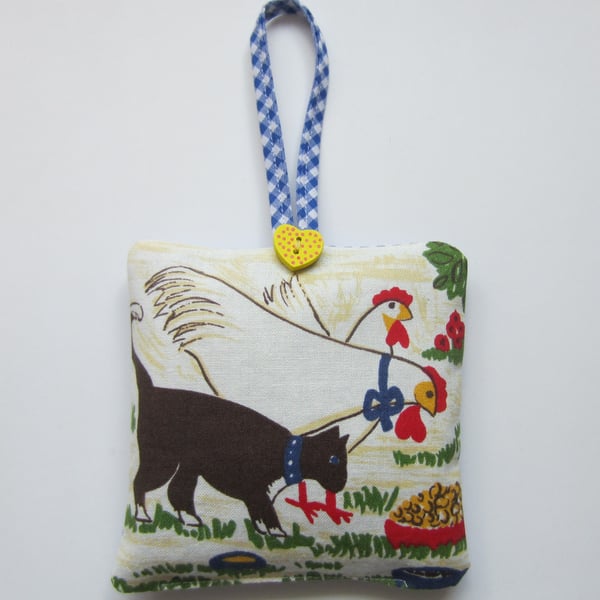 Lavender Bag Farmyard Chickens and Cat Design with Hanging Loop