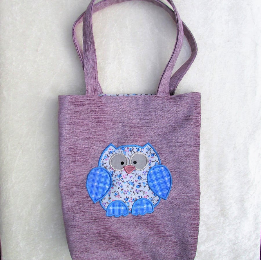 Owl tote bag - Lilac with cream, blue and lilac applique owl