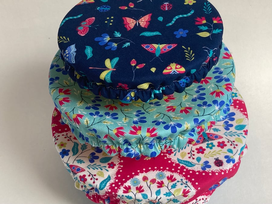 Reusable bowl covers - set of three. Butterflies and beetles.
