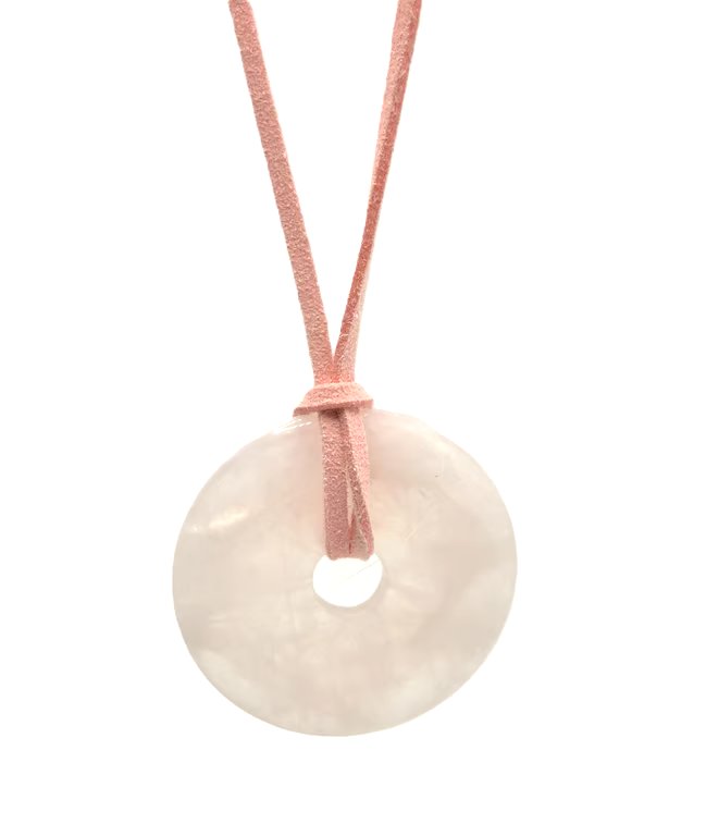 Large rose quartz donut pendant with pink faux leather cord
