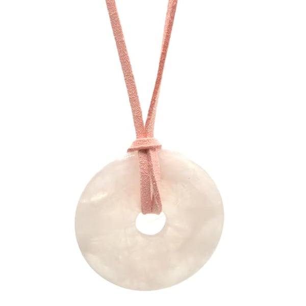 Large rose quartz donut pendant with pink faux leather cord