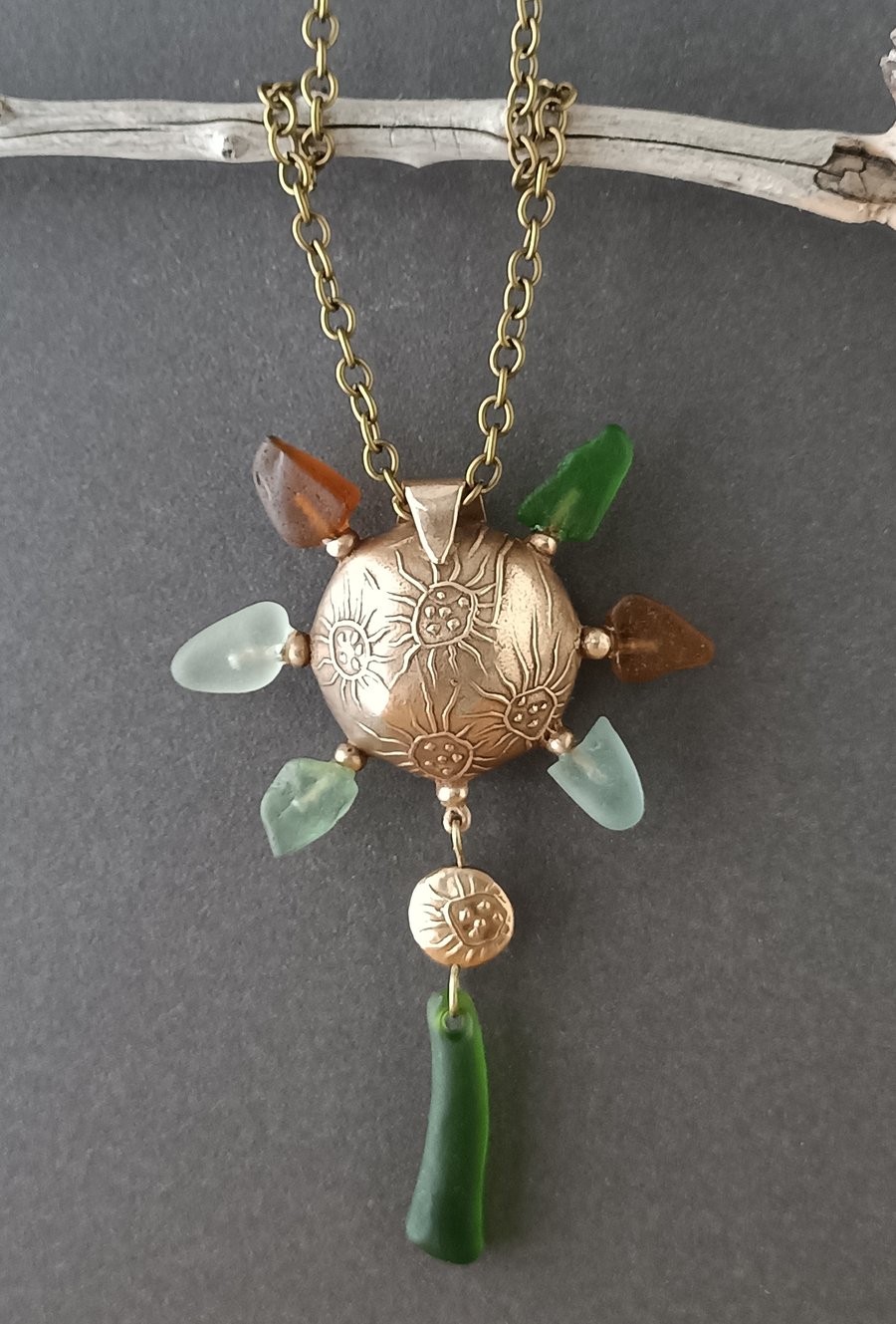 Bronze seaglass Pendant, unique, recycled materials