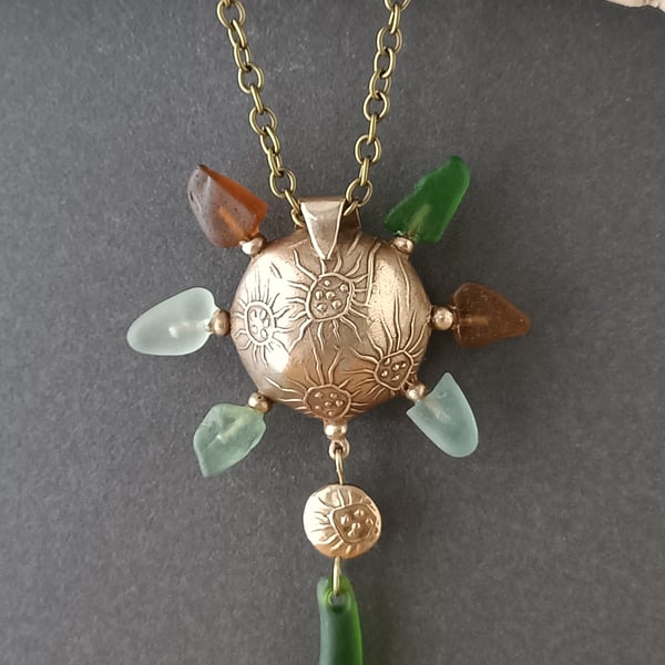 Bronze seaglass Pendant, unique, recycled materials