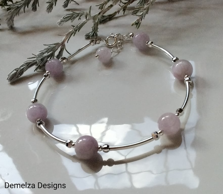 Designer Natural Kunzite Hand Crafted Sterling Silver Bracelet 