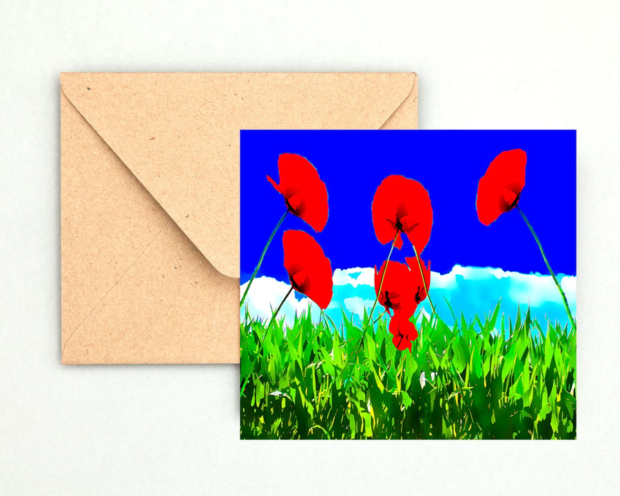  Poppies in Green Grass Card; Blank Inside