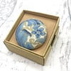 Blue Swirling foliage William Morris pattern fabric button brooch