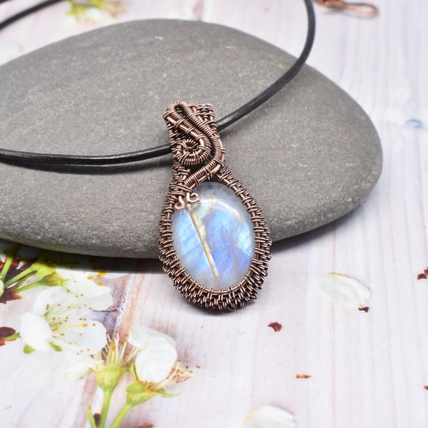 Wire Woven Rainbow Moonstone and Copper Pendant