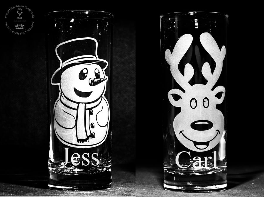 2 Large Glass Tumbler Etched With Any Name Christmas Designs