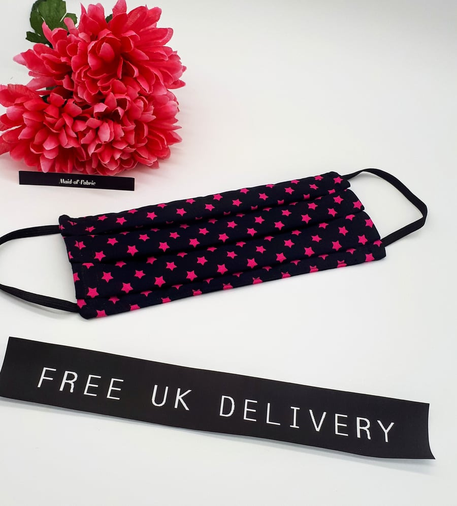 Face mask, large, 3 layer,  machine washable in pink stars cotton fabric.  