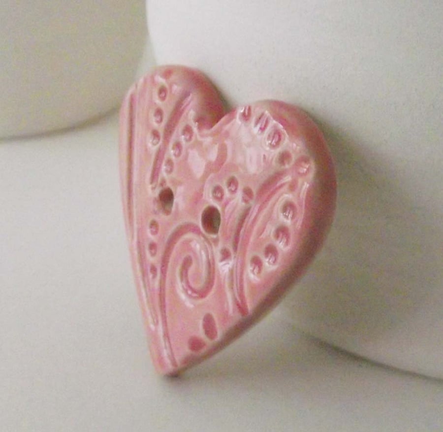 Large pink heart shaped ceramic button