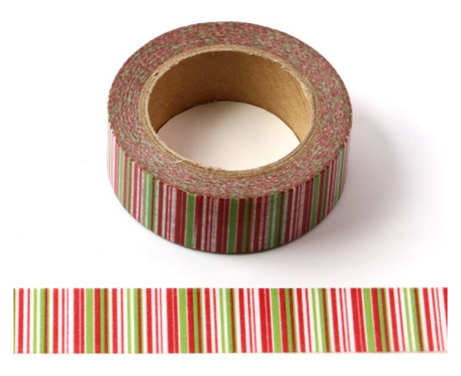 Red & Green Thin Stripe 15mm Washi Tape, 10m, Decorative Tape, Cards, Journals, 