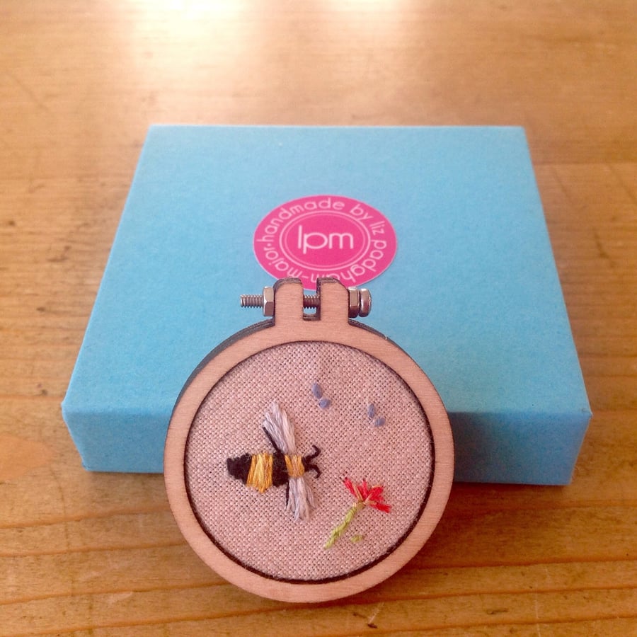 Hand Embroidered Bumblebee Mini Hoop Brooch
