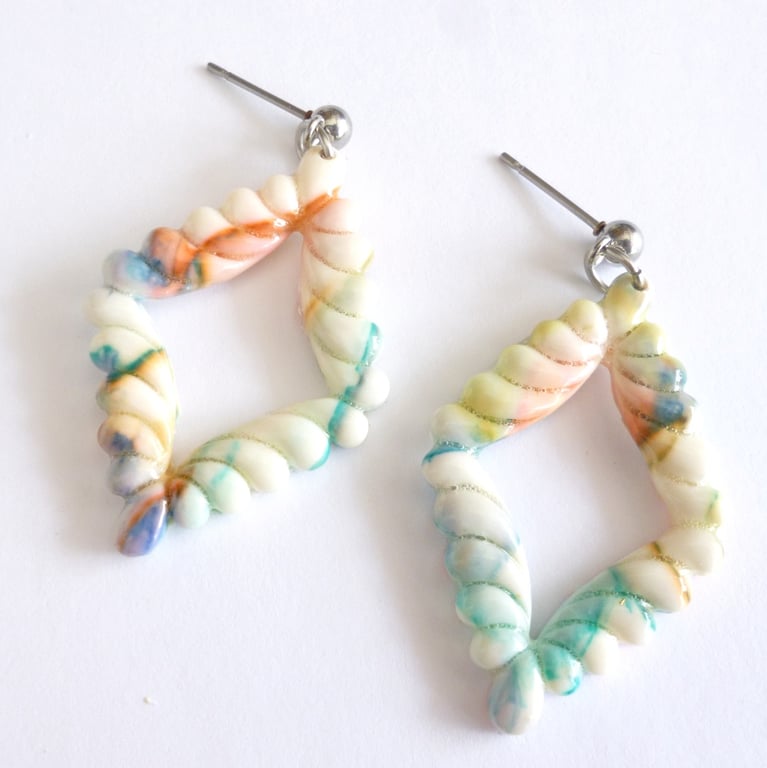 Scalloped Diamond Hoop Polymer Clay Earrings, Cream Pink & Green Dangles