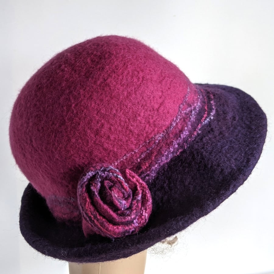 Magenta and aubergine felted wool hat  - One of the 'Squashable' range