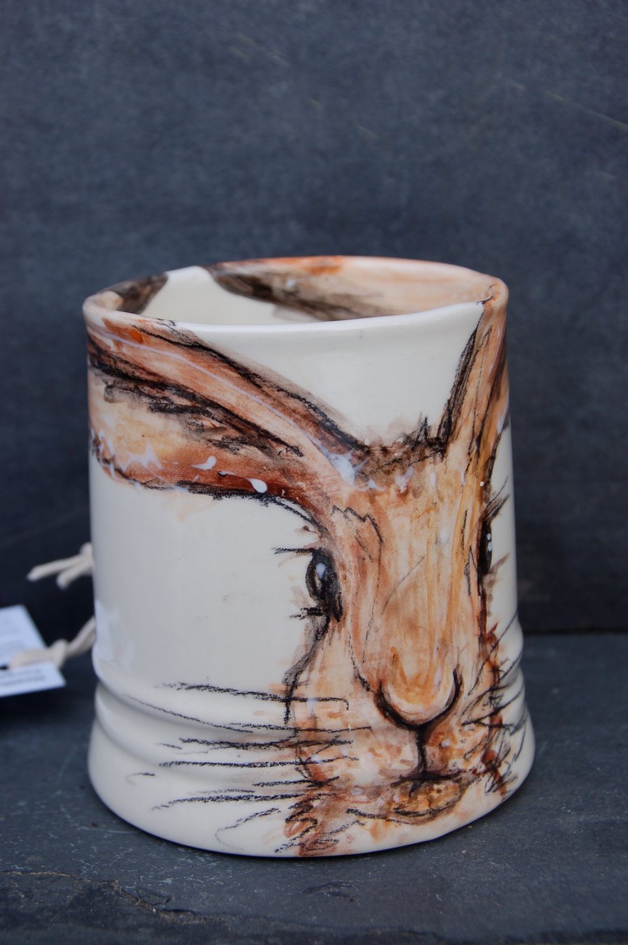 Hare mug, hand painted, earthenware