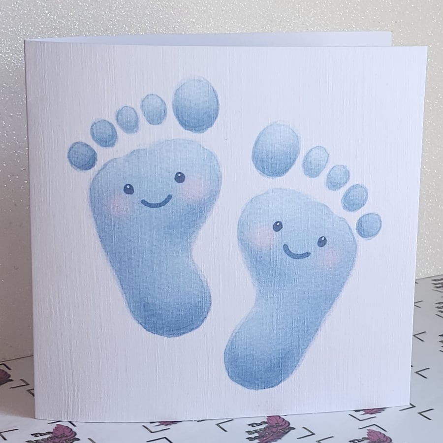 New Baby Watercolour Card Pale Blue And Pink Baby Feet Square  Free Delivery