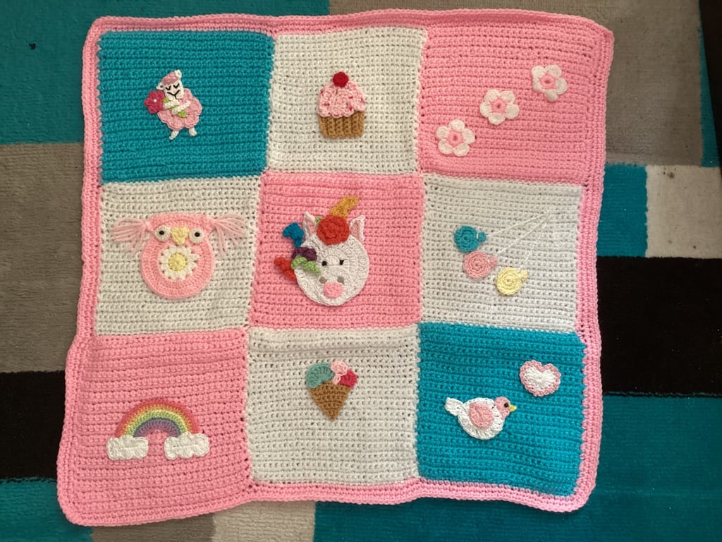 Hand Crocheted Baby Girls Unicorn Blanket with appliqués 21" x 21"