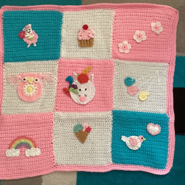 Hand Crocheted Baby Girls Unicorn Blanket with appliqués 21" x 21"